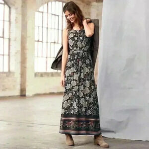 Garnet hill ruched surplice maxi dress black grey floral size small